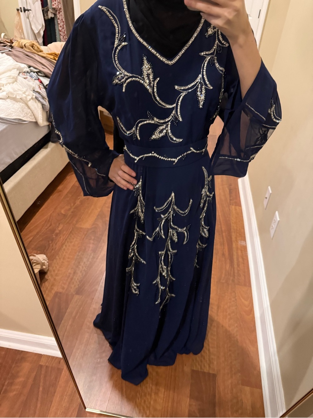 Elegant Navy Blue Embellished Maxi Dress